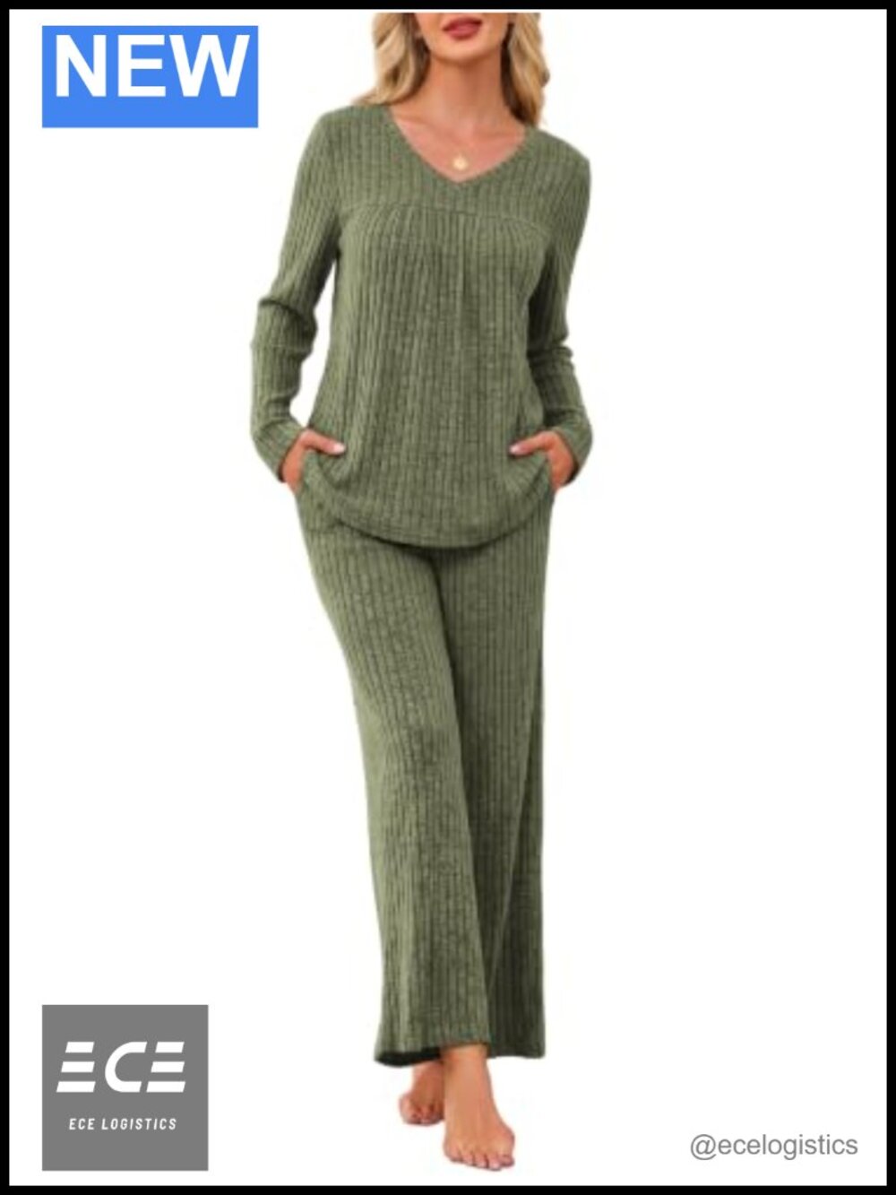 Ribbed Knit 2 Piece Pajama Set Long Sleeve V-Neck Loungewear Sweater Set